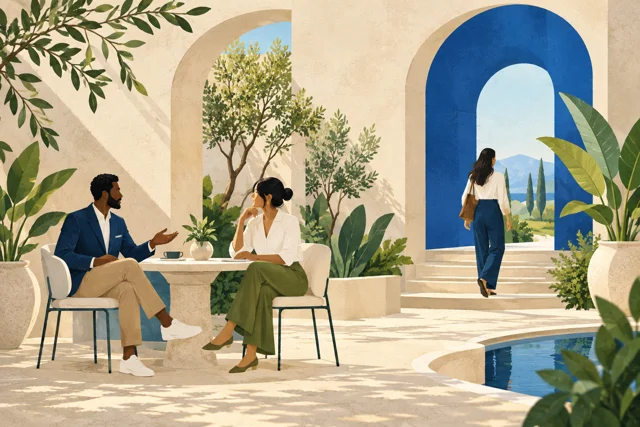 Illustration of an open archway and a thoughtful conversation